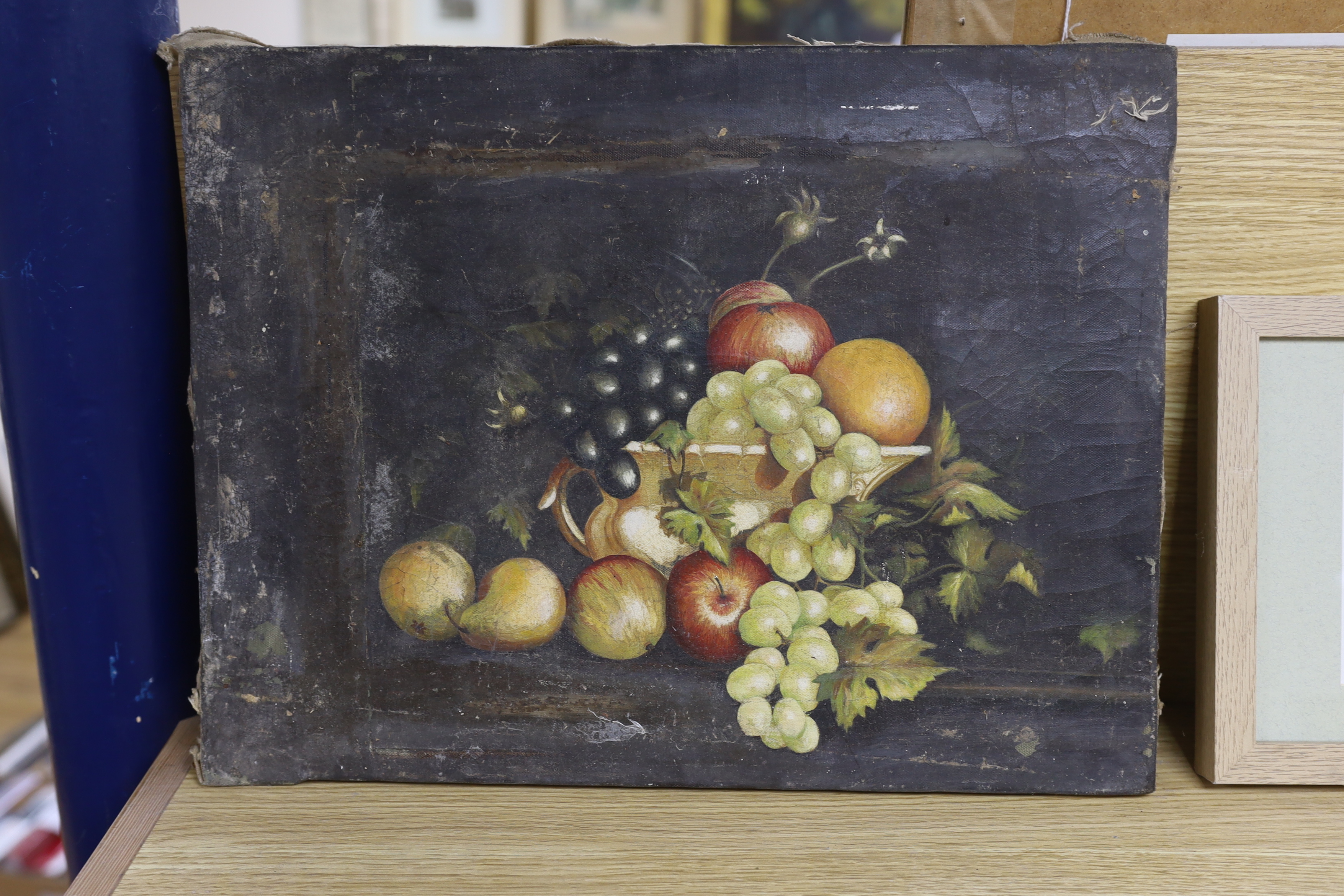 Manner of Oliver Clare (1852-1927), pair of oils on canvas, Still lifes of fruit, 35 x 45cm, unframed